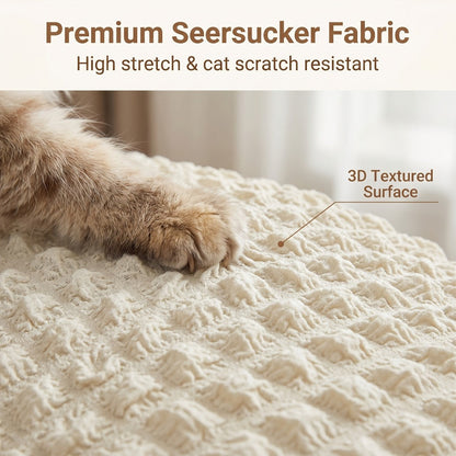 Seersucker Sofa Slipcover Elastic Band Closure Pet-Friendly All-Purpose Sofa Cover for Living Room Home Decor Protection