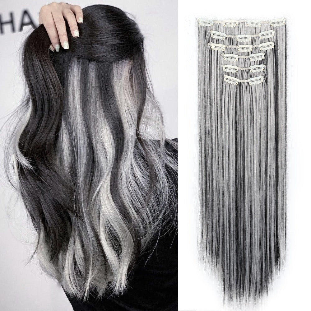 Space Gray Clip In Hair Extensions 6 Piece Set 24 Inch Heat Resistant Synthetic Fiber – Instant Length & Volume for Women | Daily Wear