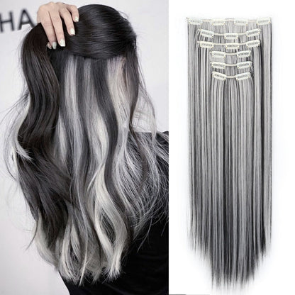 Space Gray Clip In Hair Extensions 6 Piece Set 24 Inch Heat Resistant Synthetic Fiber – Instant Length & Volume for Women | Daily Wear
