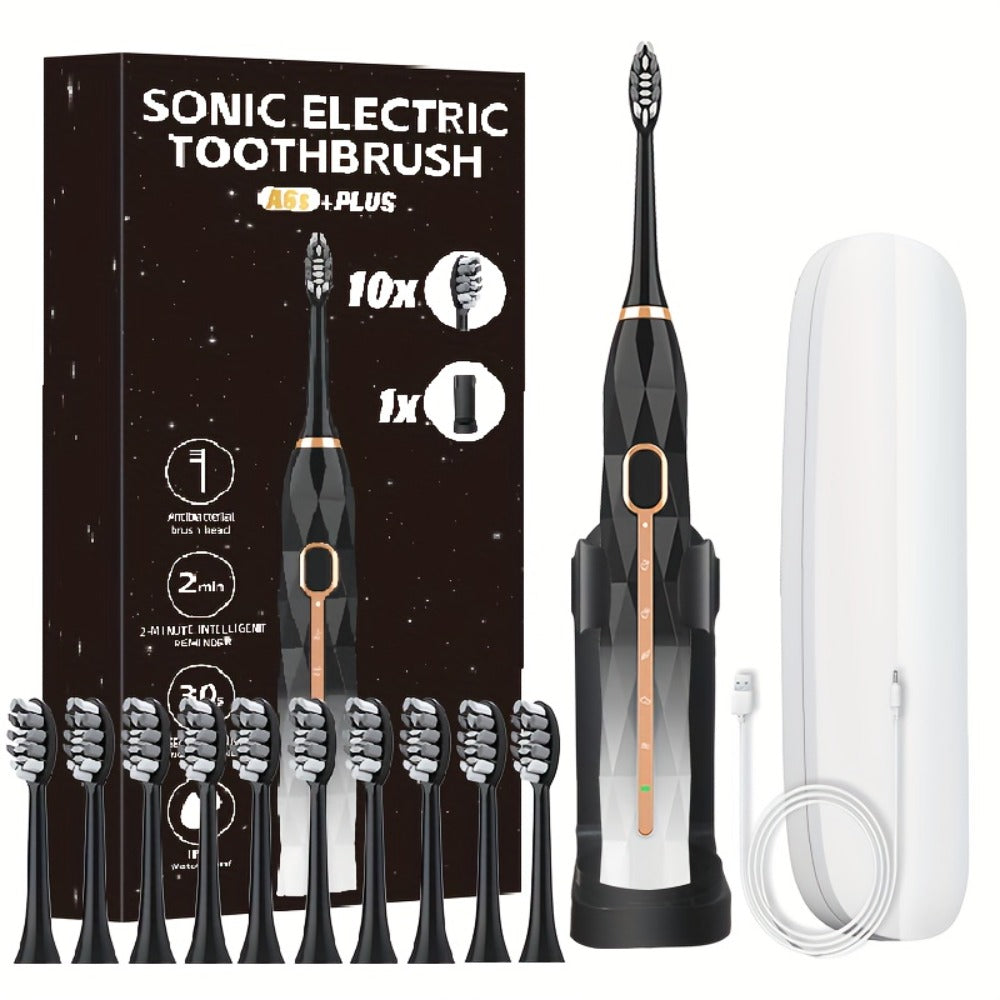 IPX8 Sonic Electric Toothbrush with 8 Replacement Brush Heads – Metal Shaft, USB Rechargeable 500mAh, Travel Case & Holder