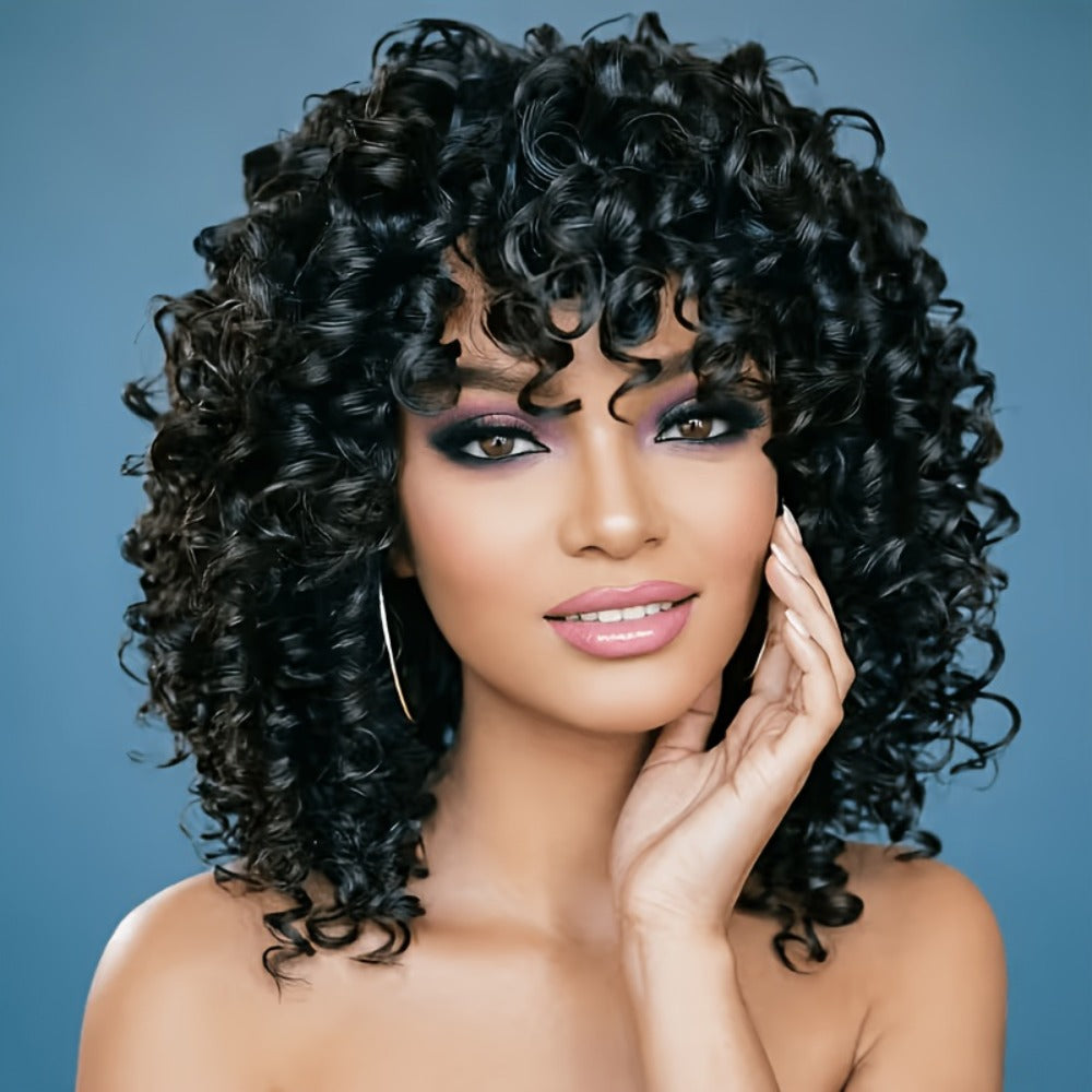 Synthetic Wig 14-Inch Deep-Wave Curly Bob with Bangs, Glueless Elastic-Band Cap for Daily Styling