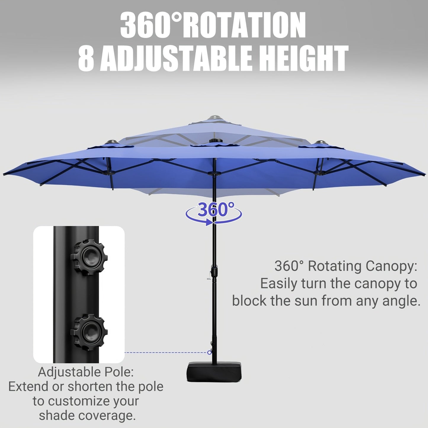 Patio Umbrella 15x7.5FT Double-Sided Style with Crank and Four Blue, Red, Khaki or Lake-Blue Options