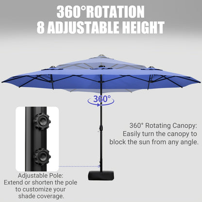 Patio Umbrella 15x7.5FT Double-Sided Style with Crank and Four Blue, Red, Khaki or Lake-Blue Options