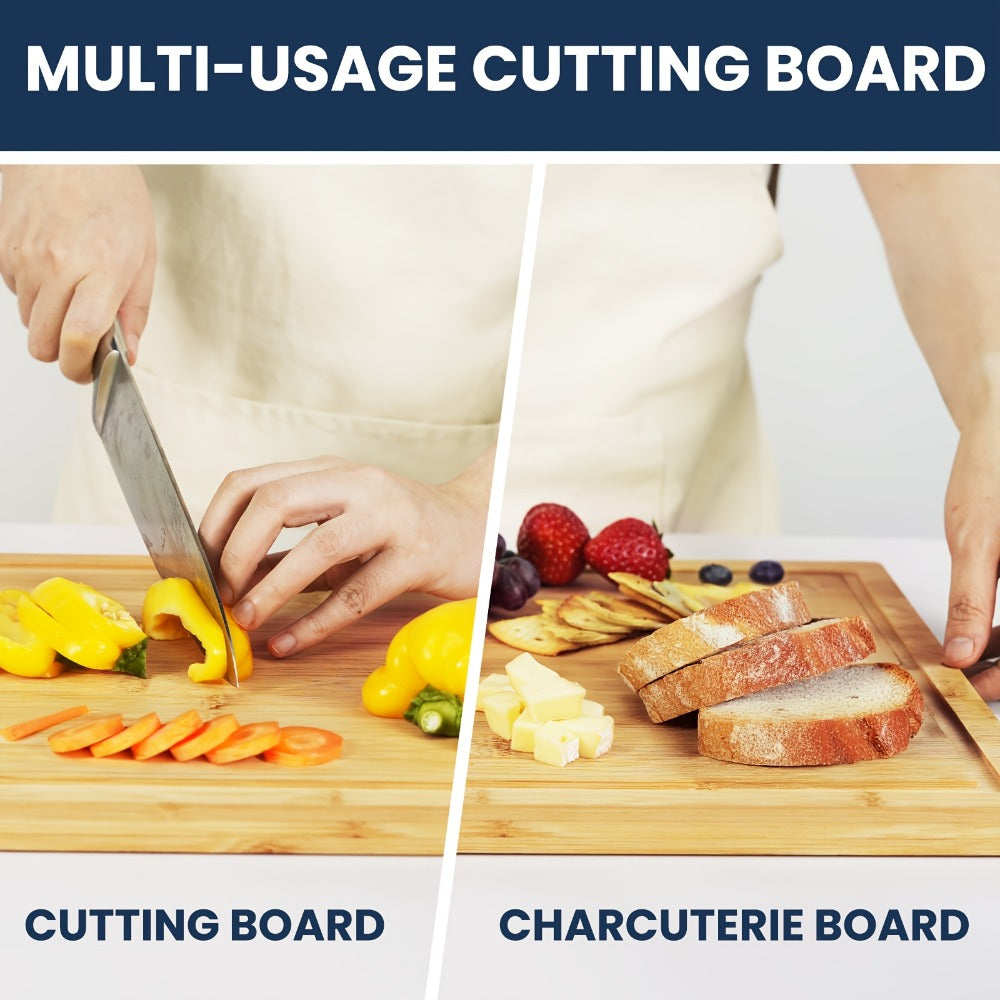 Cutting Board KIKCOIN Bamboo Set or Extra-Large Single Board with Juice Grooves and Storage Holder