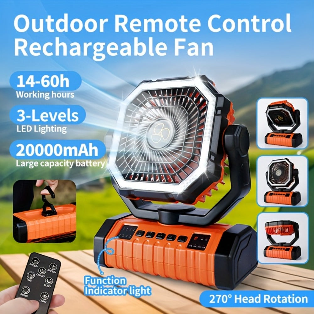 Outdoor Fan, 20000mAh with Built-In LED Light, USB Rechargeable Portable Outdoor Fan with Sturdy Handle, Rugged Compact Design for Tent