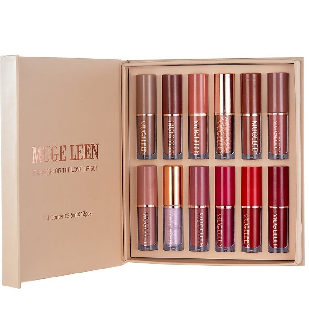 Lip Gloss Set by MUGE LEEN with 12 Mixed Nude, Pink and Red Lip Colors in a Presentation Box