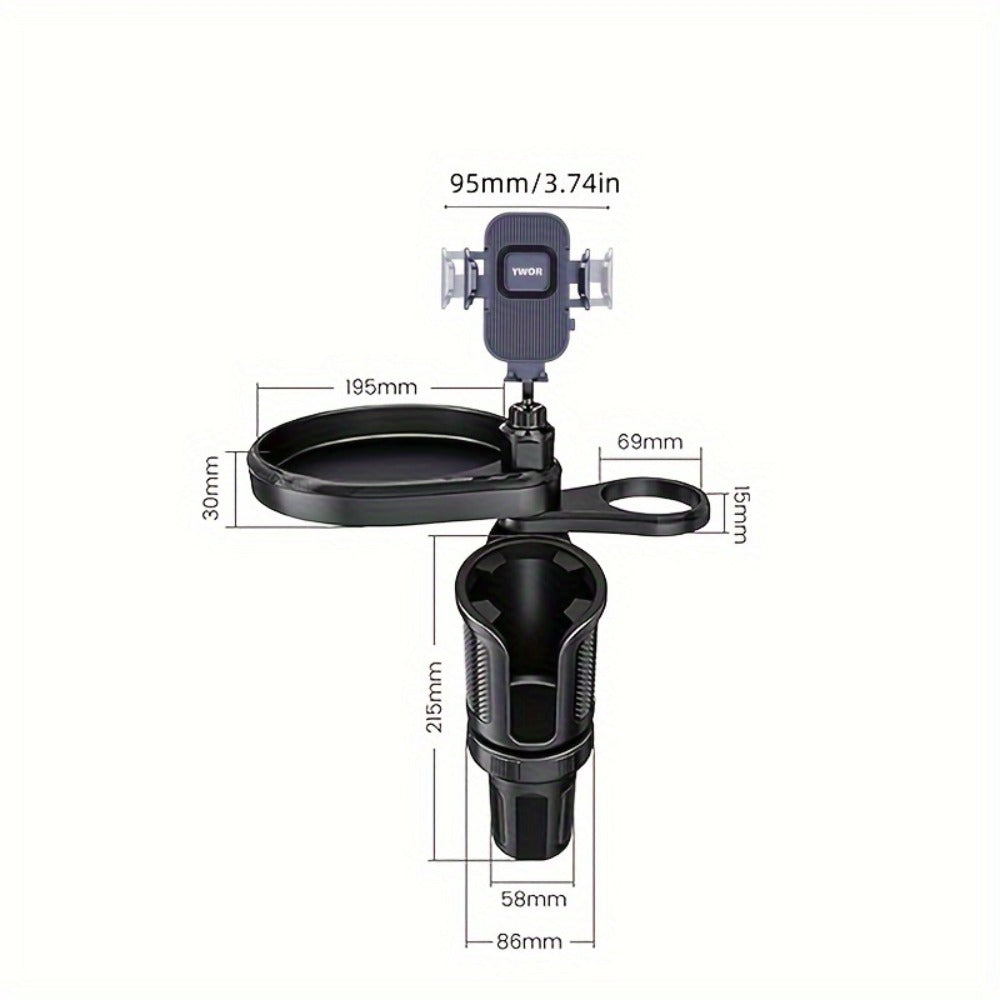 Car Cup Holder Expander with 7.7 Inch Tray, 2.7 Inch Drink Ring, Phone Mount and 58-86 mm Adjustable Base