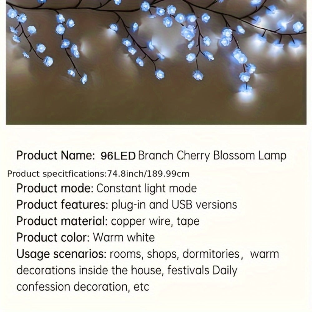 Cherry Blossom LED Fairy Lights USB Powered, 96-Light Faux Floral Garland, Dimmable & Cool White
