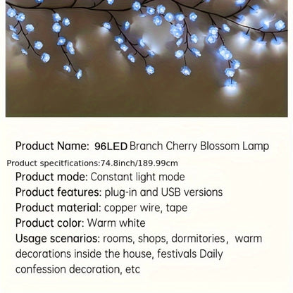 Cherry Blossom LED Fairy Lights USB Powered, 96-Light Faux Floral Garland, Dimmable & Cool White