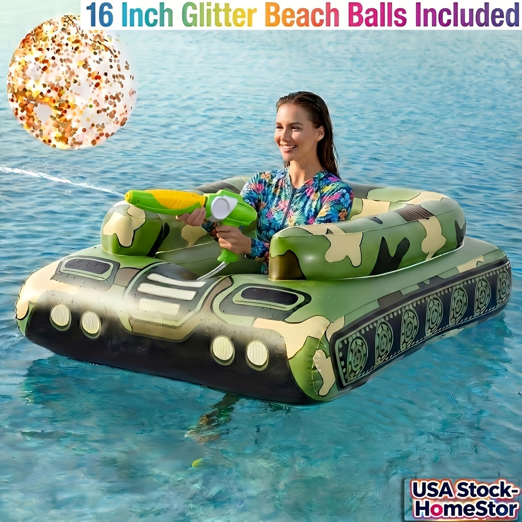Giant Tugboat Pool Float 60 Inch XL Ride-On Inflatable Raft with Built-In Water Sprayer & 16-Inch Beach Ball