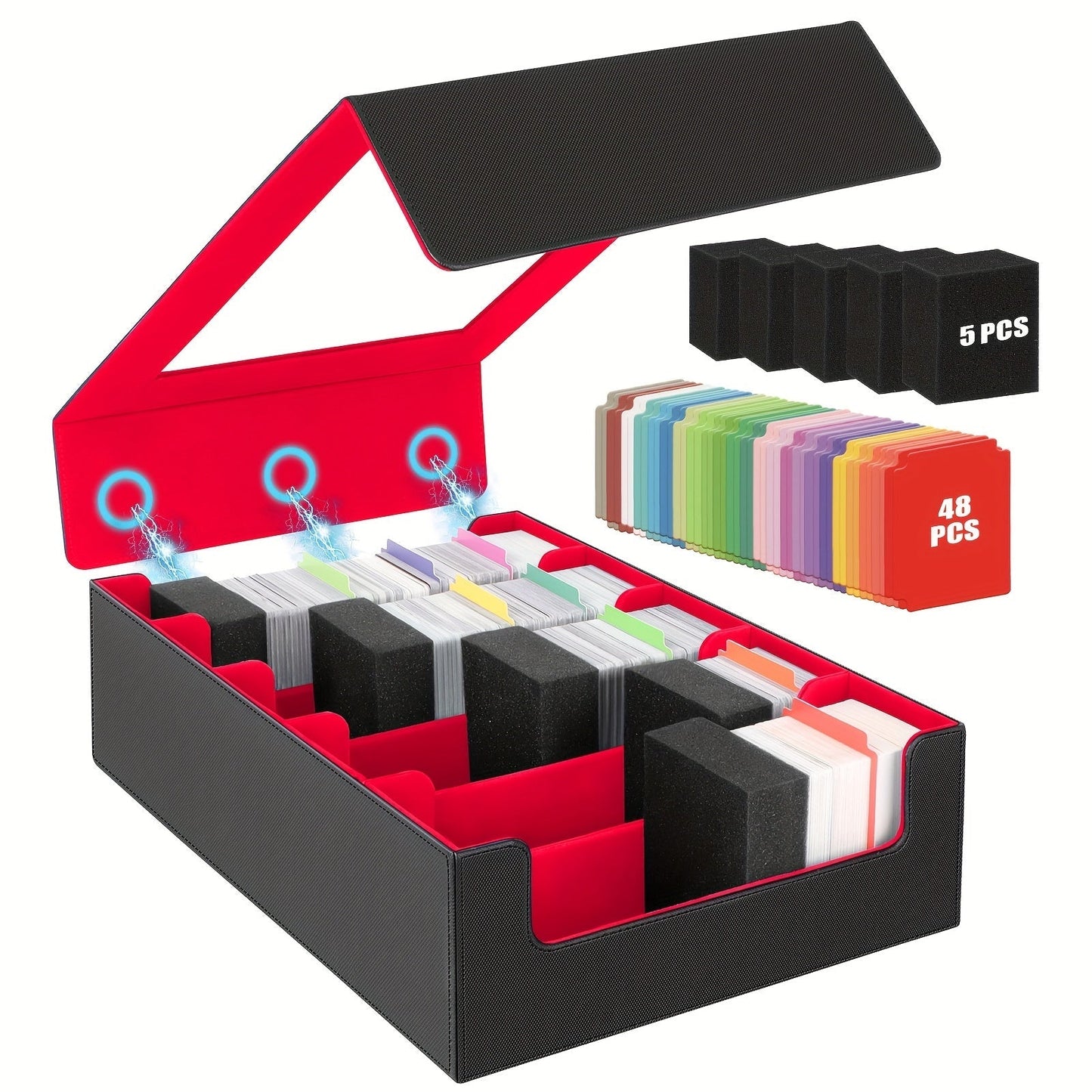 Trading Card Storage Box 5-Row 3900+ Capacity – Card Deck Case with 48 Colorful Dividers & 5 Foam Supporters for MTG Commander Yu-Gi-Oh