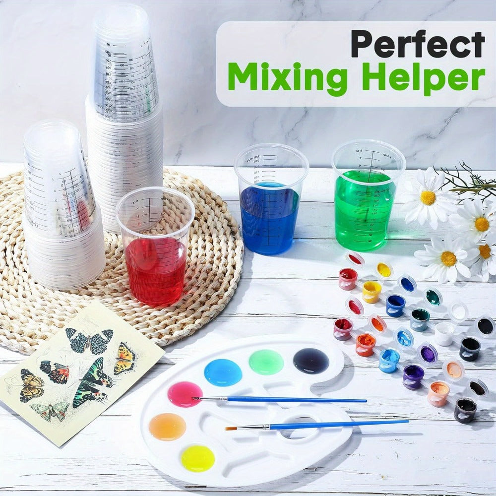 Plastic Measuring Cups with Wooden Sticks 100 Sets Clear Graduated Mixing Cups oz/ml/cc for Resin
