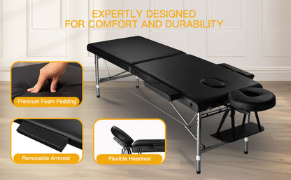 Portable Massage Table Folding Aluminum Frame PU Leather Adjustable Height 3-Section Spa Bed for Lash