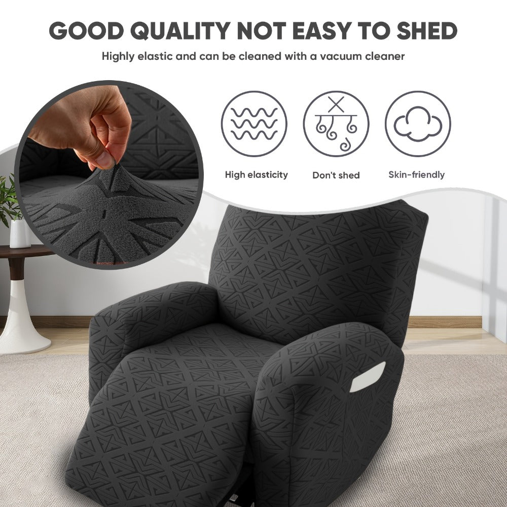 Four-Piece Geometric Jacquard Recliner Chair Cover Set with Labeled Left, Right, Back and Front Sections