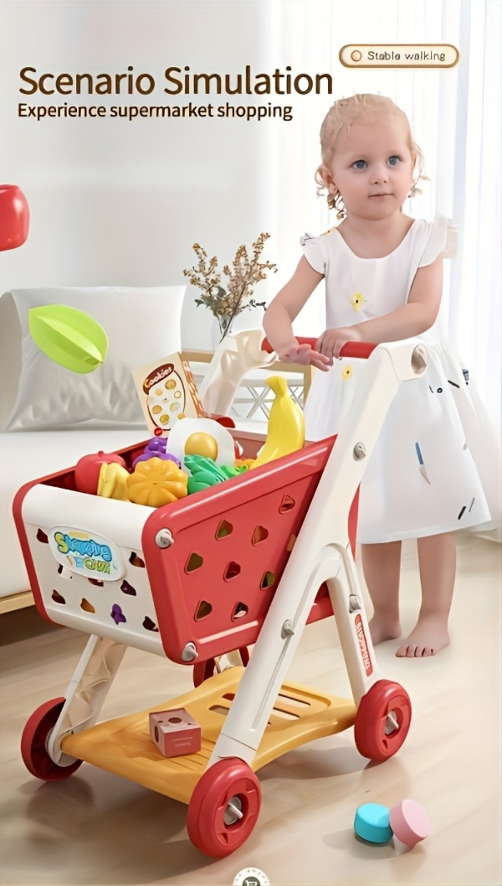 Kids Pretend Play Shopping Cart Toy Set with Realistic Food & Grocery Accessories, Supermarket Role Play for Toddlers Girls Boys Ages 3+