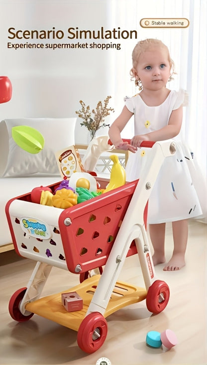 Kids Pretend Play Shopping Cart Toy Set with Realistic Food & Grocery Accessories, Supermarket Role Play for Toddlers Girls Boys Ages 3+