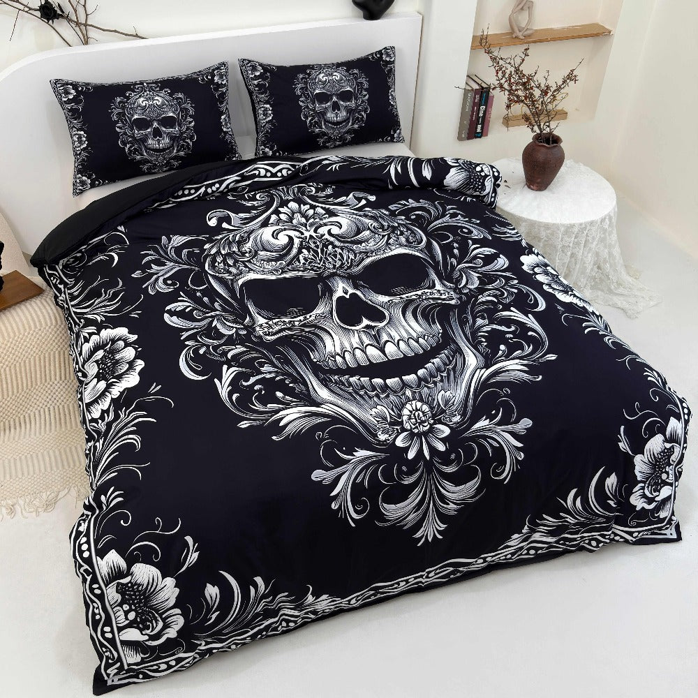 Skull Duvet Cover Set 3pcs – Gothic Victorian Baroque Black & White Skull Bedding with 2 Pillowcases, Digital Print Halloween Bedroom Decor