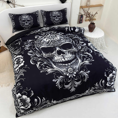 Skull Duvet Cover Set 3pcs – Gothic Victorian Baroque Black & White Skull Bedding with 2 Pillowcases, Digital Print Halloween Bedroom Decor