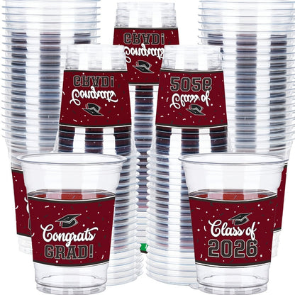 Graduation Plastic Mugs 100 Pack 14oz, 2026 Graduation Party Cups in Black Red Blue Green Purple Maroon for Graduation Ceremony
