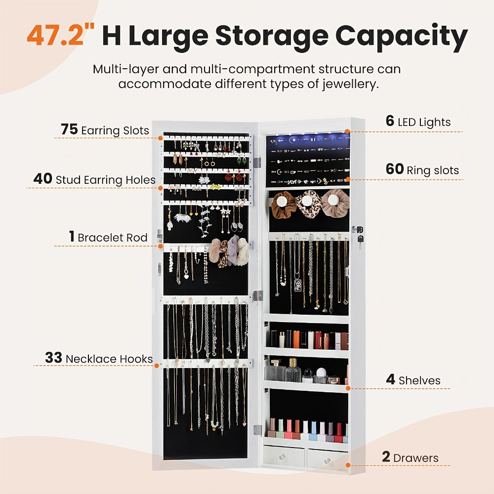 Jewelry Armoire Floor Standing 47.2" Full-Length Mirror Cabinet with 6 LED Lights Dual Lock