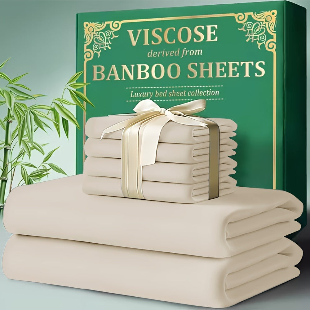 Bed Sheet Set 4-Piece Bamboo-Derived Cooling Fabric with Deep-Pocket Fitted Sheet and Four Bed Sizes
