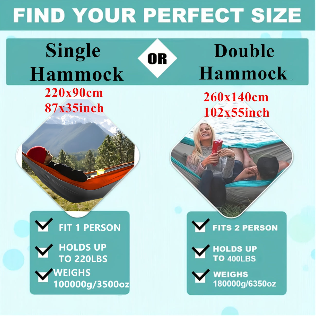 Green Lightweight Camping Hammock with 87 x 35-Inch Nylon Bed, Two Hooks, Suspension Ropes and Carry Bag