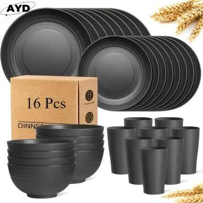 Wheat Straw Dinnerware Set Unbreakable 16 or 32-Piece Service for 4 or 8, Lightweight Dishwasher Microwave Safe Dish Set with Plates Bowls