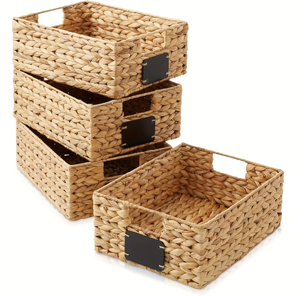 Water Hyacinth Pantry Storage Baskets with Chalkboard Labels, 9 x 12 x 5-Inch, 1- to 4-Pack