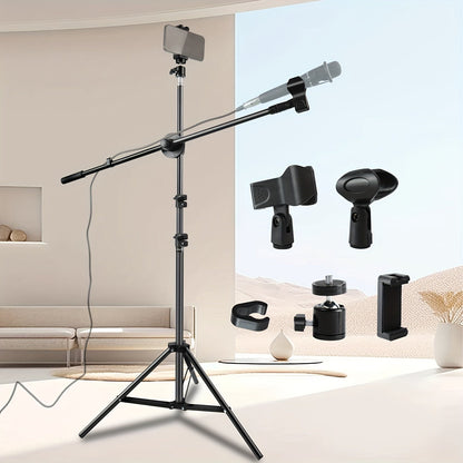 Adjustable Tripod Microphone Stand with Boom Arm Floor Mount Metal Mic Stand Dual Mic Clips Phone Holder for Live Performance Wedding Stage