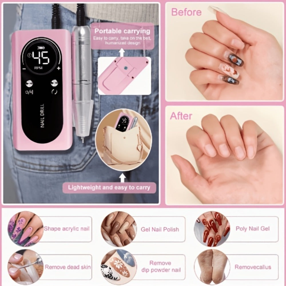 Electric Nail Drill 45000 RPM Cordless Kit with LCD Display and V2 Pink, White or Purple Options