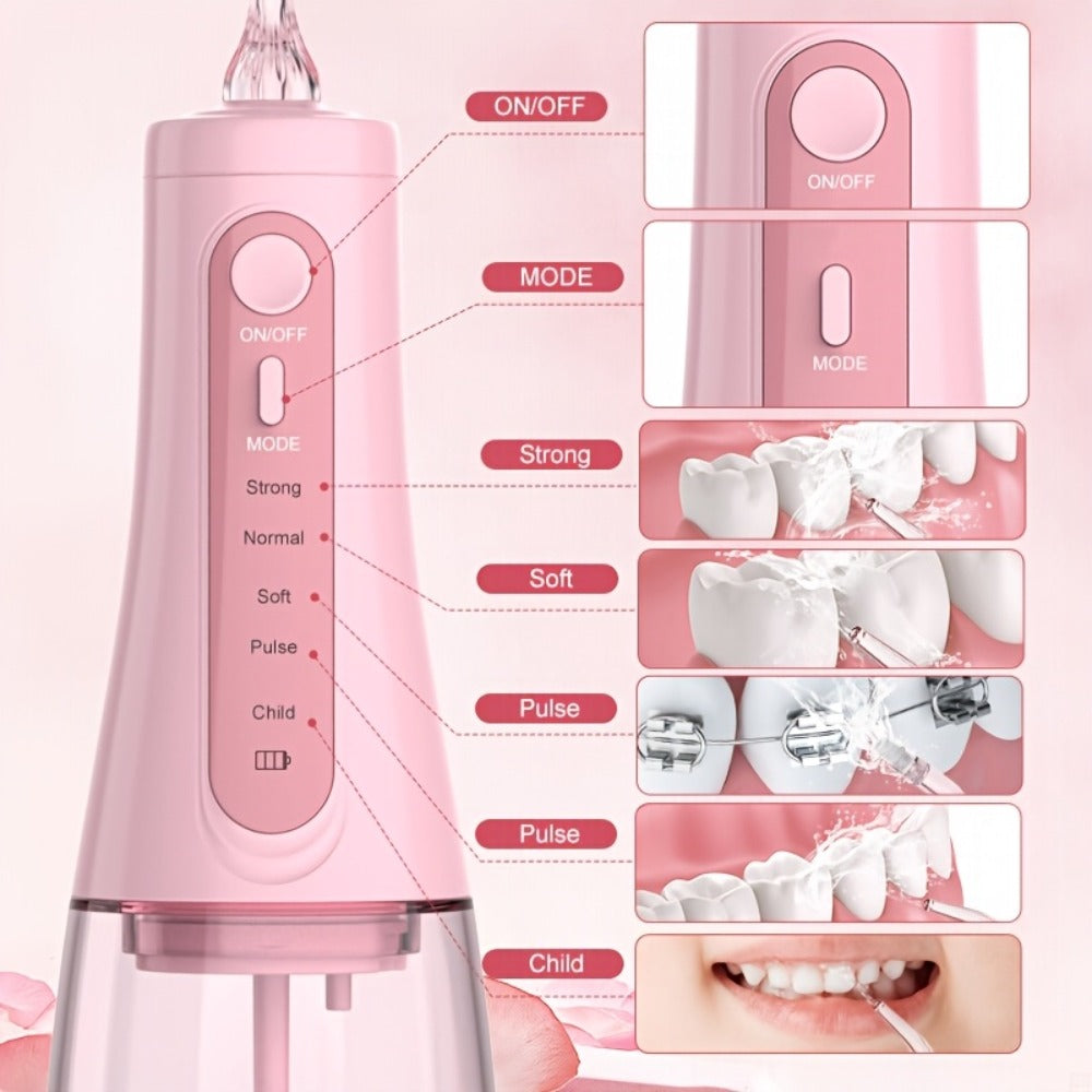 Water Flosser Cordless Oral Irrigator with Five Modes, Five Jet Tips, 1800mAh Battery and Pink or Black Options