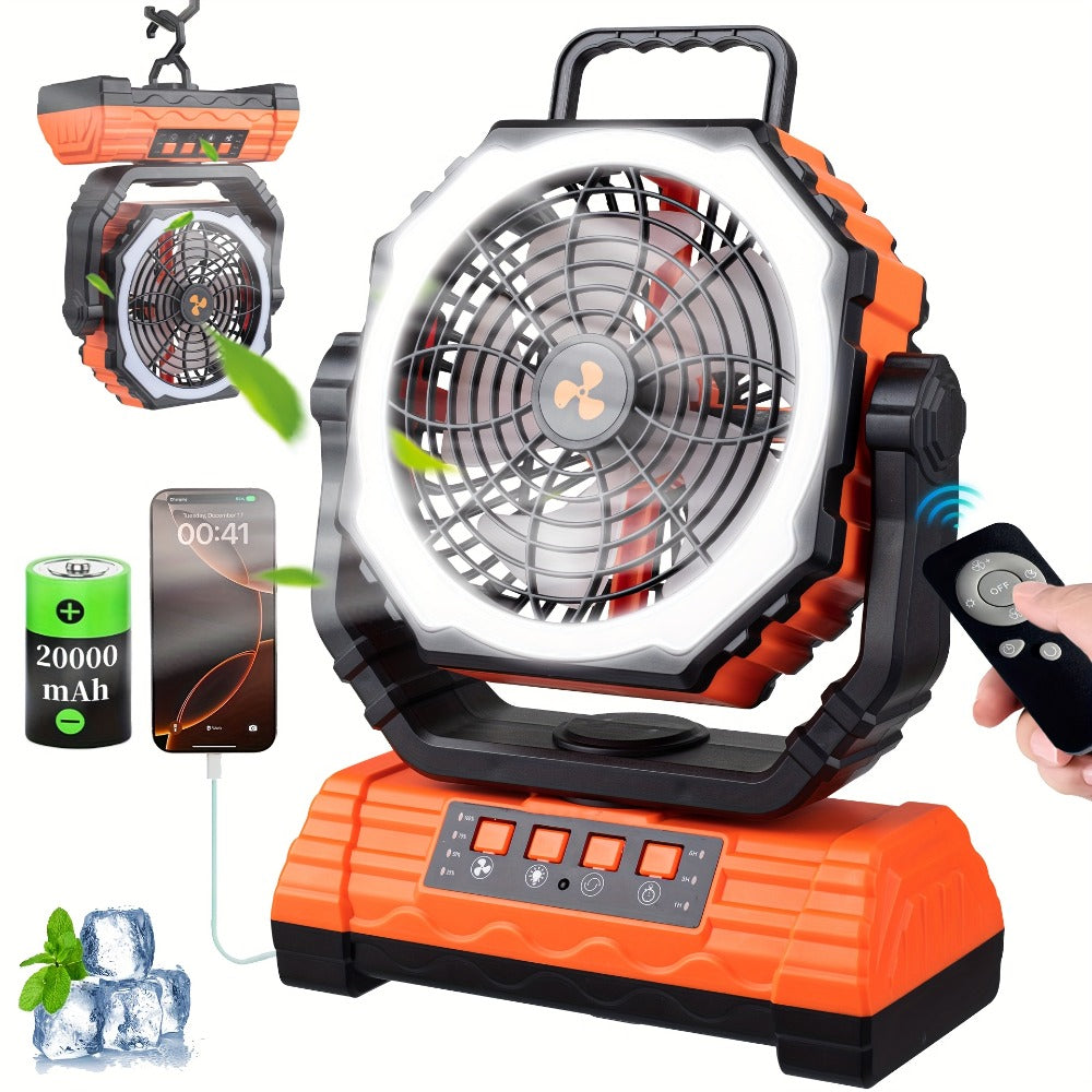 Portable Camping Fan with Dual Motors LED Light & Remote Control, Solar Powered Outdoor Fan with Hook for Tent Work Site Power Outage