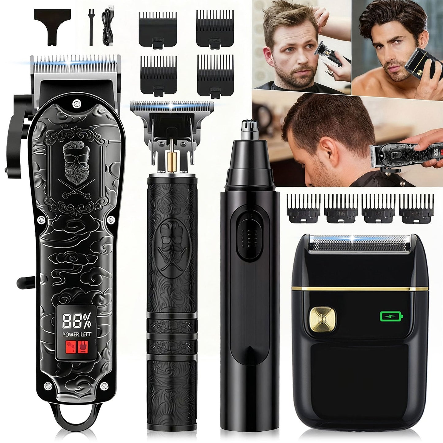 Men's Grooming Set USB Rechargeable Hair Clipper Electric Shaver Nose Ear Hair Trimmer for Everyday Face, Beard and Body Grooming