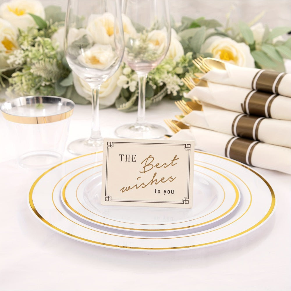 Gold Plastic Plates Disposable Dinnerware Set 350pcs, 50 Dinner Plates, 50 Dessert Plates, 50 Gold Rim 9oz Cups & 50 Gold Cutlery Sets