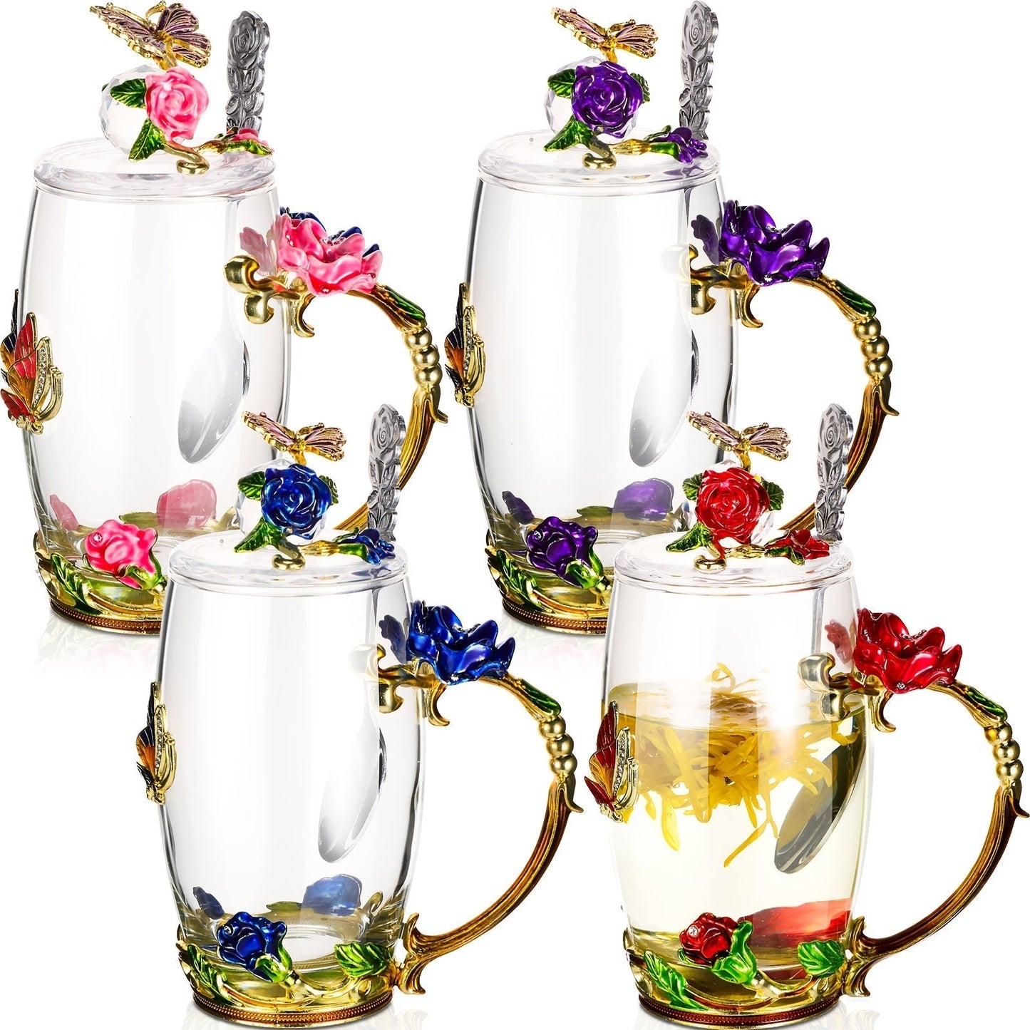 Flower Glass Tea Cups with Lids and Spoon 4 Sets Butterfly Vintage Floral Clear Glass Coffee Mugs 12oz Gift for Women Mom Wife Girlfriend