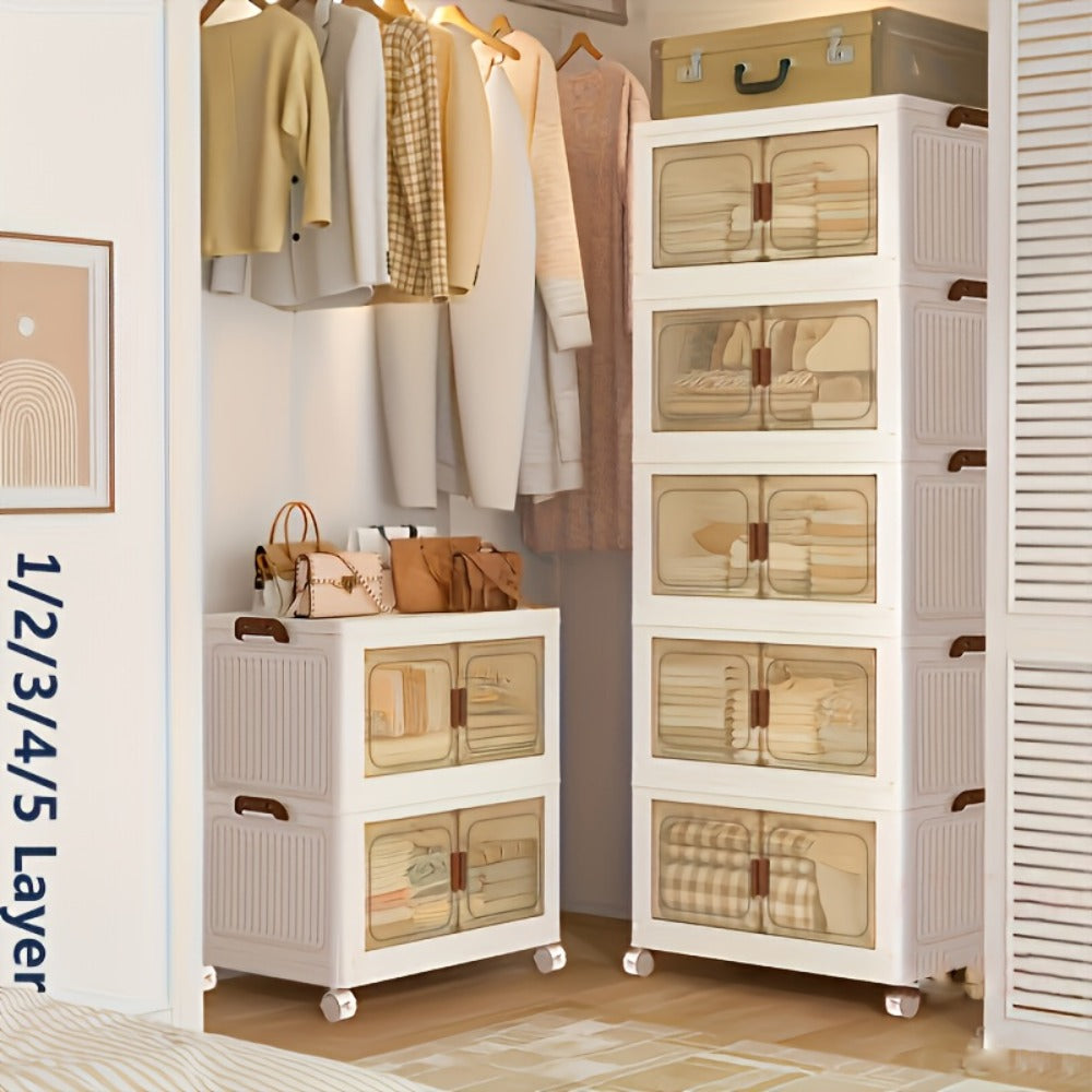 Foldable Storage Cabinet with Door, Multi-Layer Stackable Storage Box for Shoes, Clothes & Books