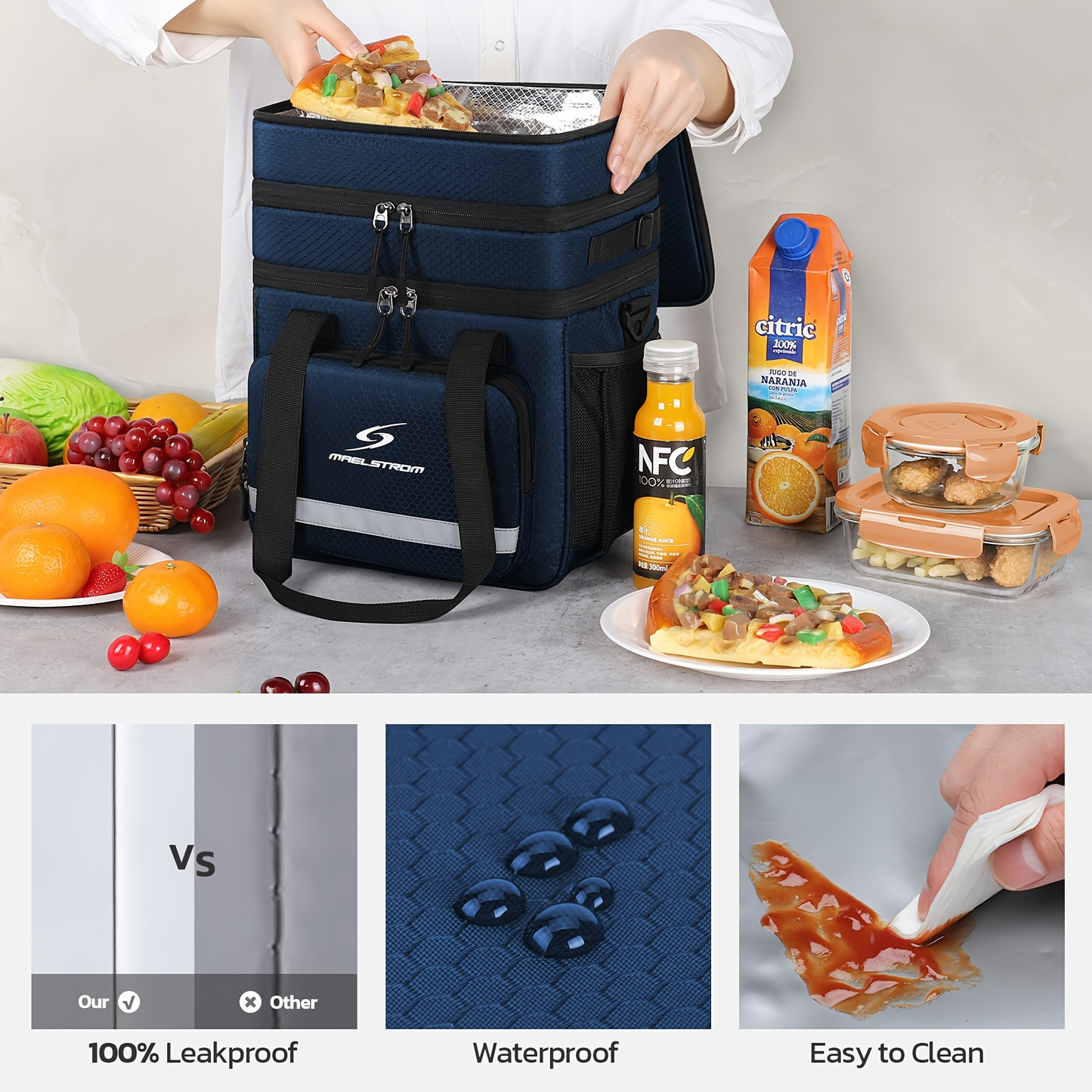 19L Triple-Compartment Lunch Bag with Three Stacked Zippers, Shoulder Strap and Four Color Options