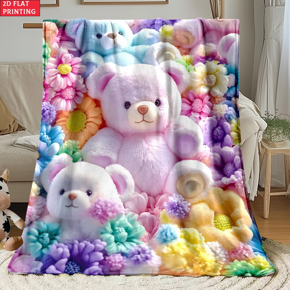 Teddy Bear Floral Blanket 2D Flat Print – Soft Lightweight Colorful Throw for Sofa Bed Travel Camping Office Living Room