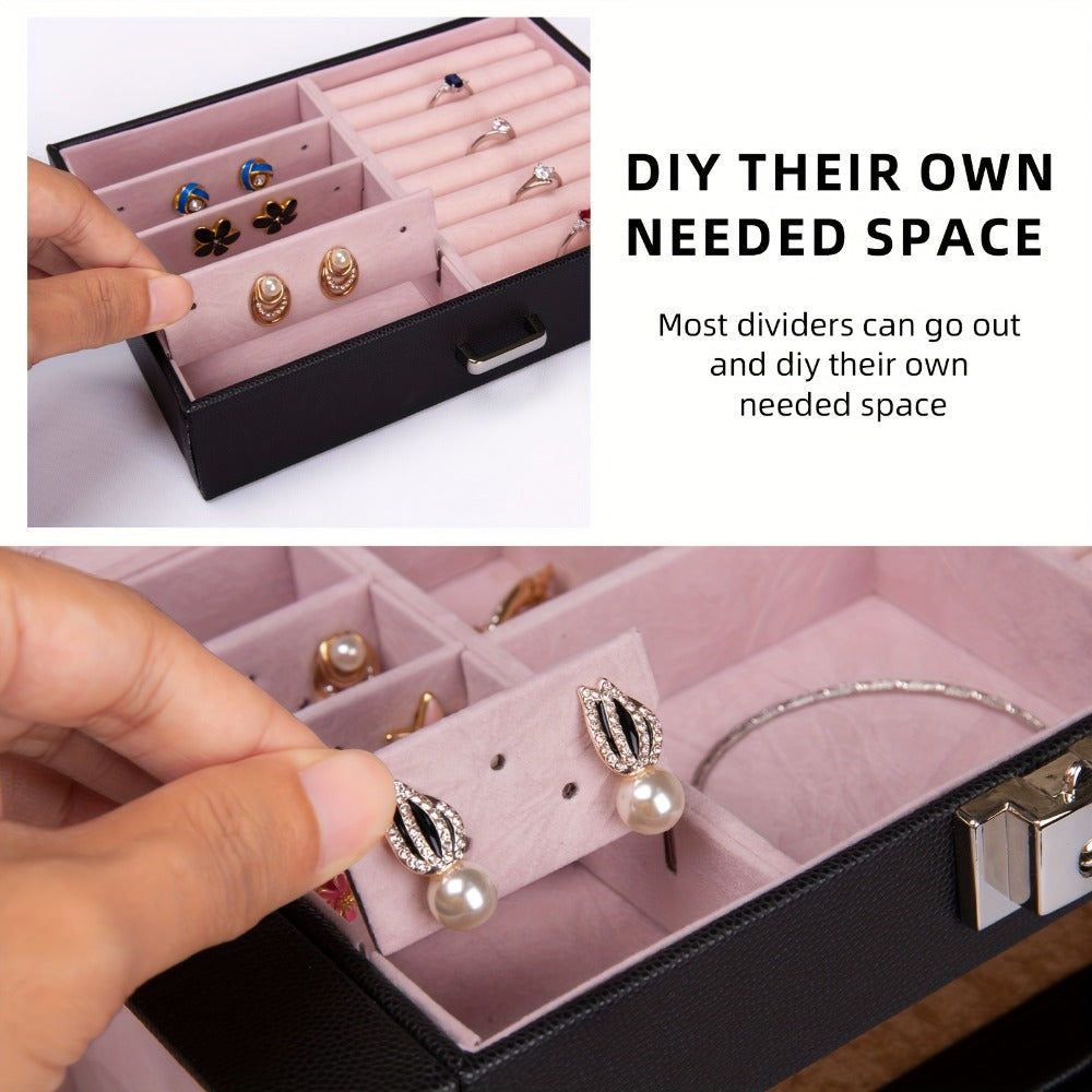 Jewelry Organizer 6-Tier Brown Storage Box with 5 Drawers, Built-In Mirror and Key-Lock Closure