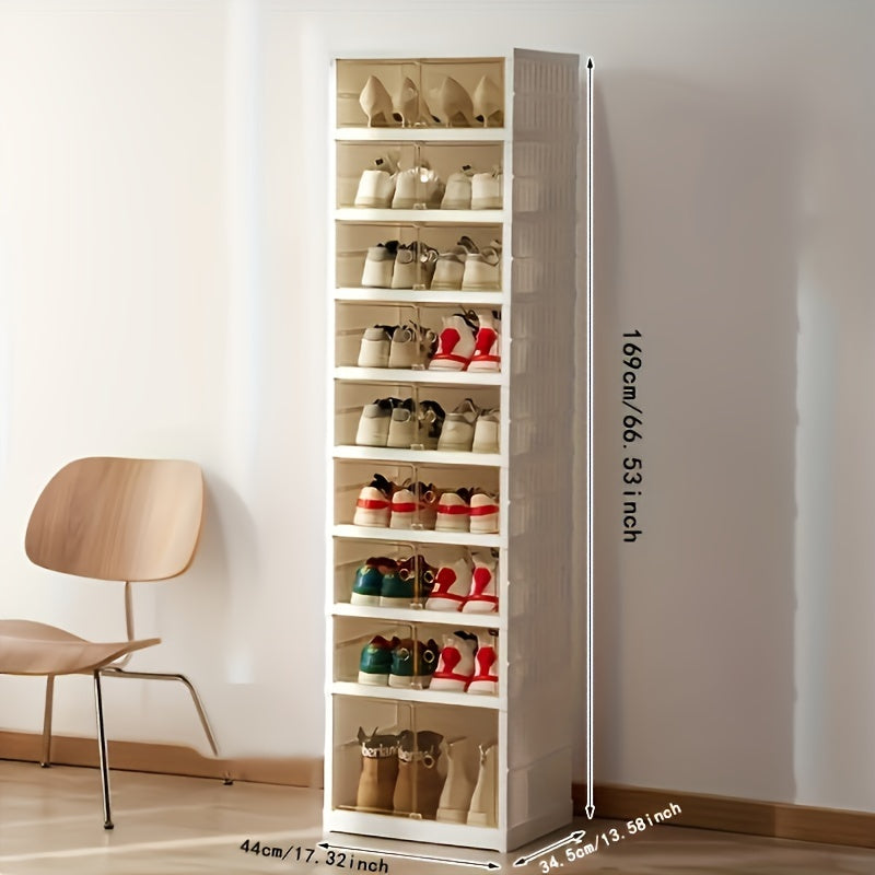 Shoe Rack Organizer 9-Tier, Collapsible Clear Plastic Foldable Stackable Shoe Cabinet with Shelves & Doors