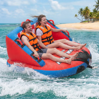 Towable Tube for Boating 2-Person – 340 lbs Inflatable D-Shape Boat Tube with Full Nylon Cover, Dual Tow Points