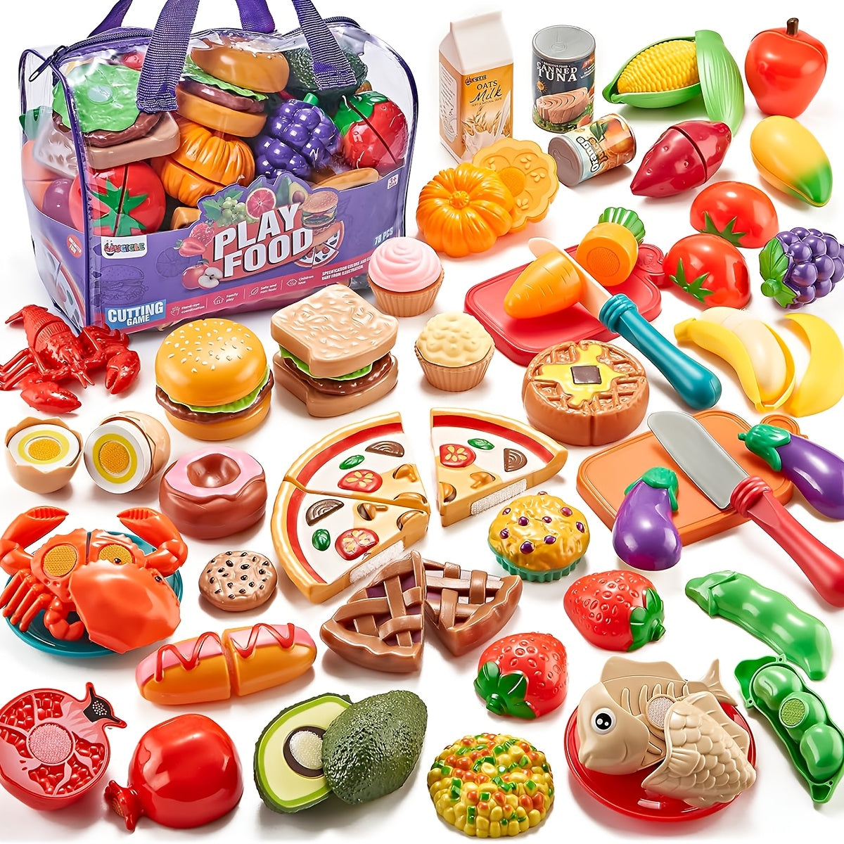 78 Pcs Kids Kitchen Toy Set with Storage Bag - Pretend Play Dinnerware, Fake Fruits & Vegetables