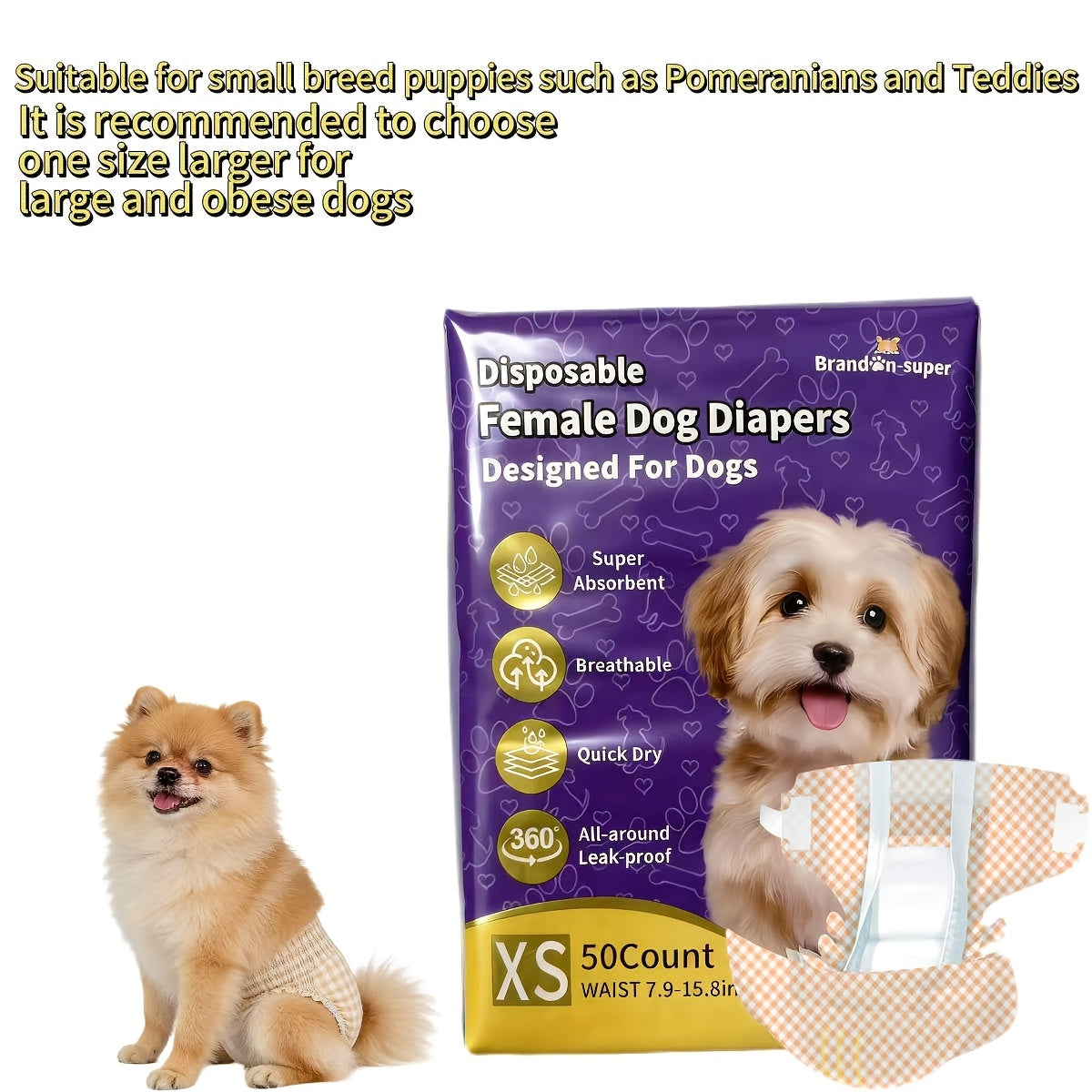 Disposable Dog Diapers 50-Pack for Male & Female Dogs – Super Absorbent Leak-Proof Pet Nappies, Comfortable Fit for Puppies, Senior Dogs