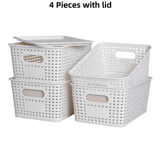 Shelf Storage Organizer Bins with Lids 4 or 8 Pack, Stackable 10 x 7 x 4 Inch Boxes in Four Colors