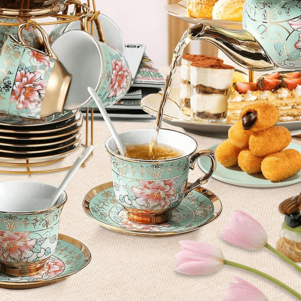20-Piece Floral Ceramic Tea Set with Saucers & Metal Stand, European Afternoon Tea Service, Blooming Design