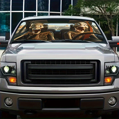 Car Windshield Sunshade Skull Pattern UV Blocking – Front Window Sun Shade with 4 Suction Cups Universal Fit Keeps Car Cool Skeleton Design