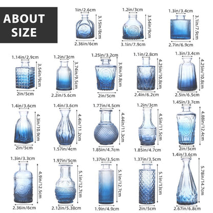 Bud Vases Set of 18 Blue Vintage Glass Small Flower Vases for Centerpieces – Rustic Farmhouse Table Decor for Home, Wedding