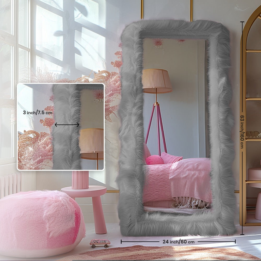 Full Length Mirror with Faux Fur Frame 24x63 Inch Leaning Floor Mirror for Bedroom Living for Entryways, Bedrooms and Living Spaces