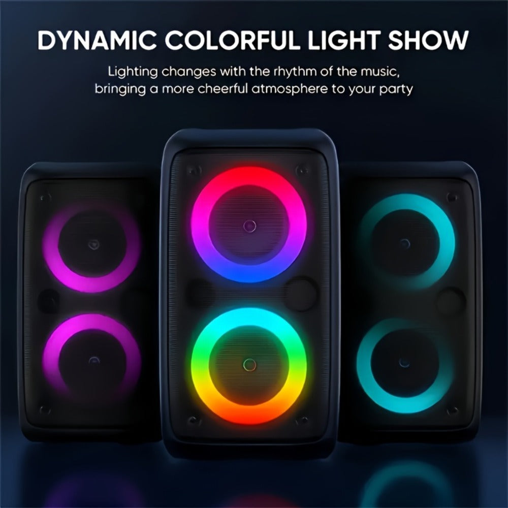 Portable PA Speaker Twin-Ring RGB Wireless Unit with TWS, Tablet Holder and Wired Microphone