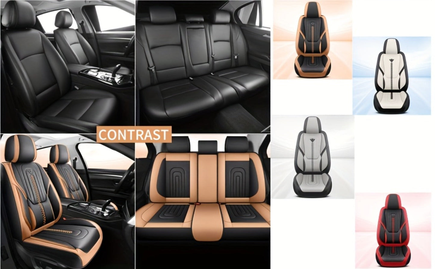Contoured Front Car Seat Cushion Covers with Headrest Pads in Four Two-Tone Color Option Sets